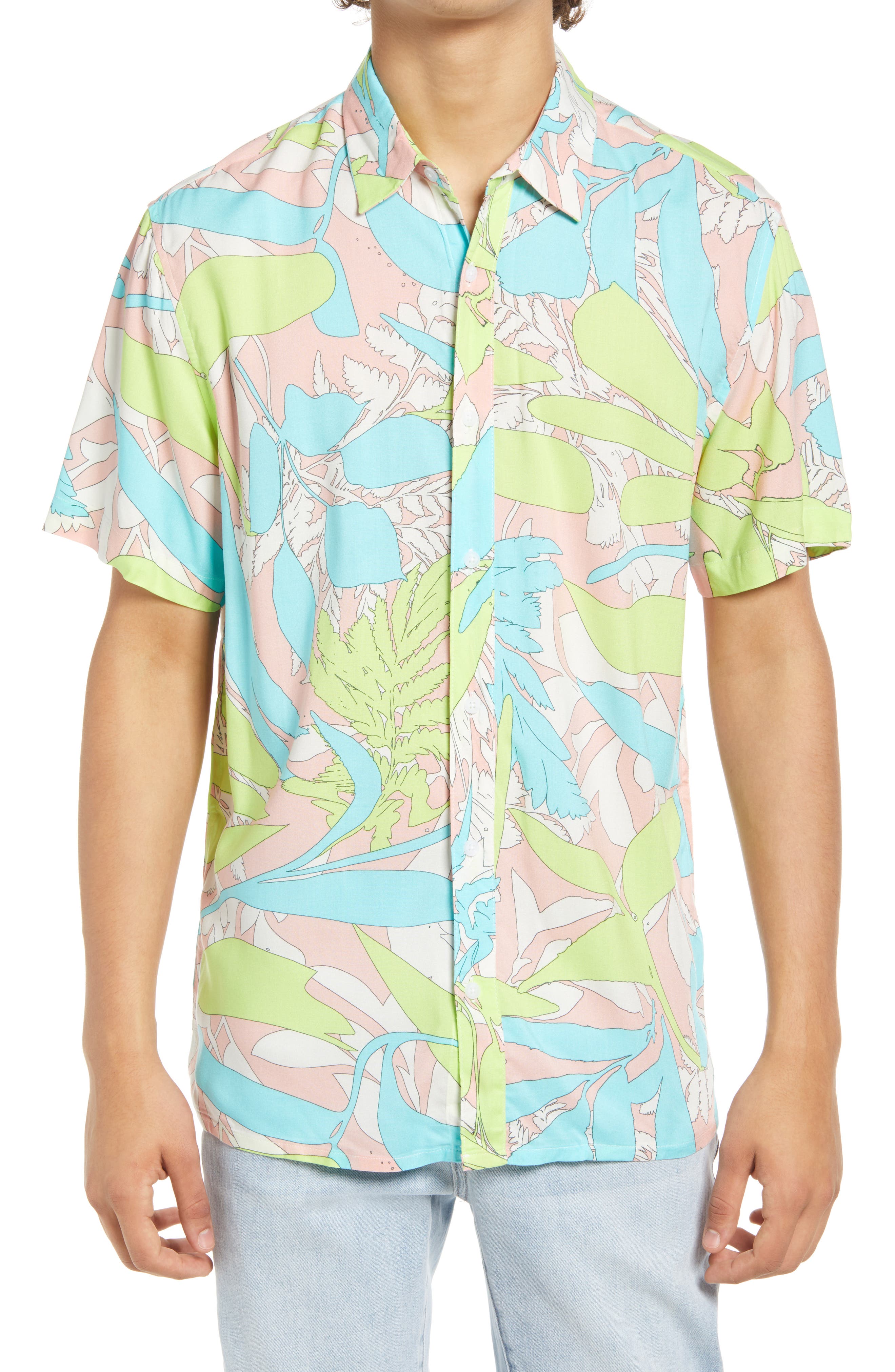 HW Mens Cotton Blend Flower Casual Button Down Short Sleeve Hawaiian Shirt,B,XL 